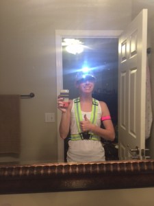 Reflective vest, headlamp, hat with lights and a blinking armband....ready to run!